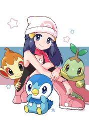 1girl absurdres bare_shoulders black_shirt blue_eyes blue_hair boots chimchar closed_mouth creatures_(company) dawn_(pokemon) game_freak gen_4_pokemon hat highres long_hair looking_at_viewer nintendo pink_boots pink_skirt piplup pokemon pokemon_(creature) pokemon_dppt red_scarf saki_pokeoekaki scarf shirt sitting skirt sleeveless sleeveless_shirt smile star_(symbol) turtwig twitter_username white_hat