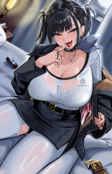 1girl absurdres black_choker black_hair black_jacket black_skirt bra_visible_through_clothes breasts choker cleavage commentary condom condom_packet_strip condom_wrapper goddess_of_victory:_nikke highres huge_breasts jacket jewelry looking_at_viewer miniskirt no_shoes on_bed pantyhose pencil_skirt pill pill_in_mouth red_eyes ring shirt short_hair sitting skirt slug_1356 sora_(nikke) torn_clothes torn_pantyhose twintails wariza white_pantyhose white_shirt