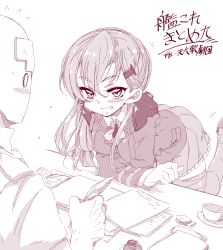 10s 1boy 1girl admiral_(kancolle) arm_support ascot blush crossed_arms cup desk eyebrows feathers grin hair_ornament hairclip halftone highres inkwell kantai_collection kugimiya_atsuki leaning_forward leg_up long_hair looking_at_another monochrome paper school_uniform shoulder_pads skirt smile suzuya_(kancolle) teacup thighhighs translation_request white_background zettai_ryouiki