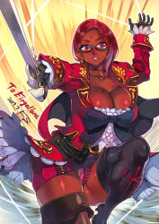 1girl body_blush boots breasts choker cleavage commission dark-skinned_female dark_skin earrings f.s. female_focus glasses gloves gluteal_fold highres jewelry large_breasts lipstick long_hair looking_at_viewer makeup mole mole_on_breast mole_under_mouth original plump purple_eyes red_hair shiny_skin solo sword very_dark_skin weapon