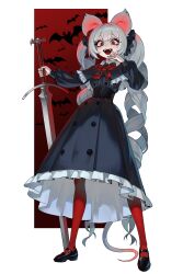 1girl absurdres animal_ears bat_(animal) black_capelet black_dress black_eyeshadow black_nails black_ribbon black_shoes buttons capelet commentary commission corset double-breasted dress english_commentary eyeshadow fangs flower frilled_capelet frills gemi_ningen gothic_lolita hair_flower hair_ornament hair_ribbon hand_to_own_mouth highres holding holding_sword holding_weapon laughing lolita_fashion long_hair long_sleeves makeup mary_janes mouse_ears mouse_girl mouse_tail nail_polish neck_ribbon open_mouth original outside_border pantyhose petticoat puffy_long_sleeves puffy_sleeves ratkin_(rimworld) red_eyes red_flower red_pantyhose red_ribbon red_rose ribbon rimworld rose sanguophage_(rimworld) shoes slit_pupils smile solo sword tail tongue twintails vampire very_long_hair weapon zweihander