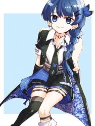 1girl asymmetrical_legwear black_jacket black_necktie black_skirt black_thighhighs blue_background blue_eyes blue_hair border choker closed_mouth collarbone collared_shirt commentary feet_out_of_frame hair_ornament highres i_do_me!_(love_live!) invisible_chair jacket kanduki_kamibukuro light_particles link!_like!_love_live! long_hair loose_socks love_live! miniskirt mismatched_legwear multiple_thigh_straps murano_sayaka necktie o-ring o-ring_choker official_alternate_costume open_clothes open_jacket outside_border pleated_skirt shirt short-sleeved_jacket short_sleeves simple_background single_bare_shoulder single_loose_sock single_sleeve single_sock single_thighhigh sitting skirt smile socks solo split_mouth thighhighs virtual_youtuber white_border white_shirt white_socks x_hair_ornament