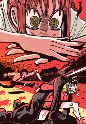 1boy 3girls black_coat black_hair black_necktie carrying chainsaw_man clenched_teeth coat collared_shirt hair_ornament hairclip hansoom_(latebirdwakeup) hat higashiyama_kobeni highres holding holding_knife hood hoodie hybrid jumping katana_man_(chainsaw_man) knife looking_at_another looking_up makima_(chainsaw_man) medium_hair military_hat multiple_girls nail_polish necktie open_mouth own_hands_together piggyback red_eyes red_hoodie red_nails red_theme ringed_eyes sawatari_akane_(chainsaw_man) shirt short_hair shorts single_sidelock smile snake sweat teeth tongue tongue_out veins veiny_thighs white_shirt yellow_eyes
