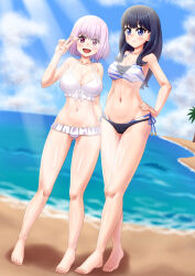 animal_print barefoot beach bikini black_bikini black_hair blue_eyes blue_sky breasts cleavage cloud commentary_request day dutch_angle els_(ljhlee12) frilled_bikini frills full_body gridman_universe hand_on_own_hip highres korean_commentary layered_bikini long_hair mismatched_bikini orange_scrunchie outdoors palm_tree purple_hair red_eyes scrunchie shinjou_akane short_hair side-tie_bikini_bottom sky ssss.gridman standing swimsuit takarada_rikka tiger_print tree v white_bikini