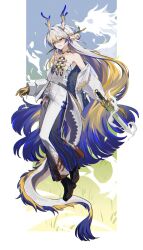 1girl absurdres arknights bare_shoulders belt black_shoes blonde_hair blue_hair border collarbone colored_extremities dragon_girl dragon_horns dragon_tail earrings floating full_body green_eyes hair_between_eyes hashtag-only_commentary highres holding holding_sword holding_weapon horns jacket jewelry long_hair long_sleeves looking_down multicolored_hair necklace off_shoulder outside_border pointy_ears shoes shu_(arknights) smile solo strapless sword tail tube_top very_long_hair verydogchi weapon white_belt white_border white_hair white_jacket white_tube_top