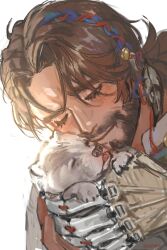 1boy absurdres animal baby_animal beard brown_hair closed_eyes closed_mouth commentary docabo11 dog english_commentary facial_hair grey_fur highres holding holding_animal indian mechanical_arms ponytail puppy reverse:1999 shamane smile tongue tongue_out white_background wolf
