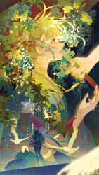 Rule 34 | 1girl, 1other, absurdres, bird, black background, black pantyhose, black shirt, building, changmingsuo (guilongchao), city, city lights, double bun, flower, from behind, from side, guilongchao, hair bun, highres, holding, holding umbrella, leaf, looking up, miniskirt, multiple views, oil-paper umbrella, one wang yaowan, pantyhose, profile, rain, red eyes, red skirt, red umbrella, shirt, skirt, standing, umbrella, upper body, watermark, weibo watermark, yellow flower