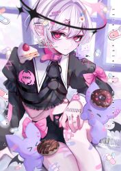 1boy absurdres aegyo_sal animal_collar bandaid barbell_piercing barcode black_halo bow cake cake_slice censored censored_food collar crossdressing donut ear_piercing eyeshadow food frills hair_ornament halo highres industrial_piercing kaminoq light_rays looking_at_viewer makeup male_focus nail_polish o-ring open_mouth original piercing pill pink_eyes pink_eyeshadow pointy_ears solo window x_hair_ornament yami_kawaii