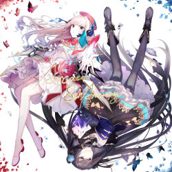 2girls absurdres ankle_boots anllouser anniversary arcaea black_boots black_bow black_bowtie black_hair black_pantyhose black_ribbon black_skirt blue_bow blue_butterfly blue_corset blue_eyes blue_flower blue_petals blue_rose boots bow bow_skirt bowtie bug butterfly copyright_name corset cropped_jacket dress dress_flower flower frilled_thigh_strap full_body grey_eyes hair_flower hair_ornament hair_ribbon hat highres hikari_(arcaea) hikari_(fracture)_(arcaea) insect jacket long_hair long_sleeves looking_at_viewer multiple_girls open_hand outstretched_arm pantyhose parted_lips red_bow red_bowtie red_butterfly red_hat red_petals ribbon rose rotational_symmetry shirt shoes skirt tairitsu_(arcaea) tairitsu_(grievous_lady)_(arcaea) thigh_strap thighhighs two-tone_bow very_long_hair white_background white_dress white_hair white_jacket white_shirt white_shoes white_thighhighs