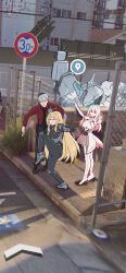 Rule 34 | 1boy, 2girls, 621 (armored core vi), absurdres, ahoge, armored core, armored core vi: fires of rubicon, ayre (armored core vi), blonde hair, closed eyes, double v, google maps, google street view, grey hair, handler walter, high school girls posing for google street view (meme), highres, maxilax, mecha, meme, multiple girls, outdoors, personification, red eyes, road sign, robot, sign, smile, v, white hair