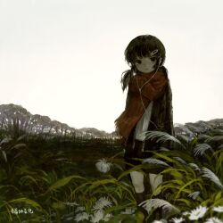 1girl black_hair black_jacket black_skirt earbuds earphones expressionless grey_sky hair_ornament hairclip highres jacket maomi_jita open_clothes open_jacket original outdoors plant red_scarf scarf skirt sky solo standing tree twintails