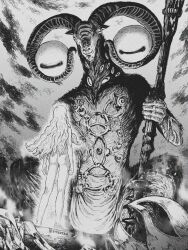 Rule 34 | 2boys, androgynous, balance scale, barefoot, berserk, body piercings, crossover, disembodied eye, elden ring, elden ring nightreign, extra eyes, facing viewer, from behind, goat horns, goat legs, griffith (berserk), helmet, highres, horns, libra (elden ring), long hair, mage staff, multiple boys, nude, signature, unworn headwear, very big eyes, weighing scale, yitansan