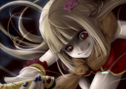 1girl animal animal_around_neck aura bio_lab blonde_hair blunt_bangs celia_alde commentary_request detached_sleeves fox grin hair_ornament hairclip hal_masquerade long_hair looking_down professor_(ragnarok_online) ragnarok_online raised_inner_eyebrows red_eyes red_sleeves smile solo striped_sleeves upper_body yellow_sleeves