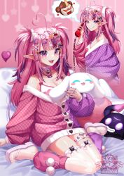 1girl absurdres bodystocking breasts bubi_(ironmouse) cdawgva cinnamoroll cleavage closed_mouth corina_vi decora demon_girl demon_horns demon_tail fang fishnet_bodystocking fishnets fuwa_fuwa_cinnamoroll heterochromia highres holding holding_phone horns indie_virtual_youtuber ironmouse ironmouse_outfit_art_contest jacket large_breasts long_hair multicolored_hair open_mouth phone pink_hair pink_jacket pointy_ears purple_eyes purple_hair purple_jacket sanrio skin_fang smile solo streaked_hair tail thighhighs virtual_youtuber white_thighhighs