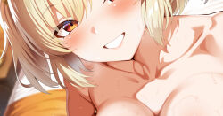 1girl bed bilingual_commentary blonde_hair blurry blurry_background blush breasts breath burnice_white collarbone commentary cropped english_commentary eyewear_on_head grin implied_nudity implied_paizuri indoors large_breasts looking_at_viewer mixed-language_commentary on_bed orange-tinted_eyewear orange_eyes paid_reward_available revision short_hair smile sweat table takashia_(akimototakashia) teeth tinted_eyewear zenless_zone_zero