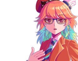 Rule 34 | 1girl, alternate costume, aqua hair, blue-framed eyewear, business suit, collared shirt, earrings, formal clothes, hat, hololive, hololive english, i&#039;m stuff (meme), jacket, jewelry, long hair, looking at viewer, meme, multicolored hair, necktie, open mouth, orange hair, purple eyes, real life, robert downey jr., shirt, simple background, solo, suit, suit jacket, sunglasses, takanashi kiara, upper body, virtual youtuber, white background, white shirt, zetxune