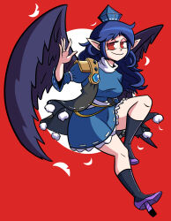 arm_up black_socks black_wings blue_dress blue_hair coat dress feathers full_body gem geta hat highres iizunamaru_megumu kevin_arthur kneehighs leg_up light_smile long_hair pointy_ears pom_pom_(clothes) purple_sandals red_background red_eyes ribbon_trim sandals shoulder_guard sleeveless sleeveless_coat socks tengu tengu-geta tokin_hat touhou wings