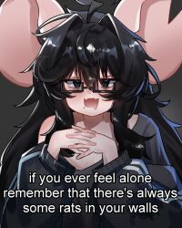 1girl :d ahoge animal_ears black_hair black_jacket commentary drooling english_commentary english_text fangs grey_background grey_shirt hands_up highres indie_virtual_youtuber interlocked_fingers jacket large_ears long_sleeves messy_hair mole mole_under_eye mouse_ears mouse_girl mouth_drool nerula_fujii off-shoulder_shirt off_shoulder open_mouth own_hands_together ririgaki second-party_source shirt simple_background single_bare_shoulder skin_fangs smile solo track_jacket upper_body virtual_youtuber wavy_hair