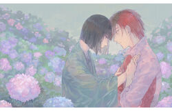 2boys black_hair blue_flower blunt_bangs blunt_ends brown_hair flower from_side green_haori grey_kimono hand_on_another&#039;s_chest haori holding_another&#039;s_wrist hydrangea japanese_clothes kimono letterboxed looking_at_another looking_down male_focus multicolored_hair multiple_boys pink_flower popped_collar rain red_hair sengoku_basara shibata_katsuie_(sengoku_basara) shima_sakon_(sengoku_basara) short_hair toruglose two-tone_hair upper_body yaoi