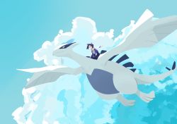 1boy black_hair cloud commentary creatures_(company) day ethan_(pokemon) ethan_(sygna_suit)_(pokemon) floating_scarf flying game_freak gen_2_pokemon highres jacket legendary_pokemon lugia male_focus mizumata_yonyuu nintendo official_alternate_costume outdoors pokemon pokemon_(creature) pokemon_masters_ex riding riding_pokemon scarf short_hair sky symbol-only_commentary twitter_username white_scarf