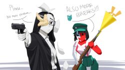 2girls absurdres aweeeeh852 black_hair colored_skin commentary coral coral_glasses_(joel_g) ena:_dream_bbq ena_(dream_bbq)_(joel_g) ena_(series) english_commentary glasses gun hat highres holding holding_gun holding_weapon long_hair multiple_girls necktie office_lady paper rectangular_eyewear weapon white_necktie white_skin