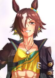 1girl absurdres animal_ears black_jacket brown_eyes brown_hair commentary_request ear_ornament grin hair_between_eyes hair_ornament hair_over_one_eye highres horse_ears horse_girl jacket long_hair long_sleeves multicolored_hair senchan_7 shirt simple_background smile solo stopwatch stopwatch_around_neck streaked_hair sweat umamusume upper_body vodka_(umamusume) watch white_background white_hair yellow_shirt