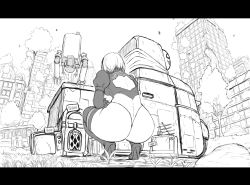 1girl absurdres ass back_cutout boots building clothing_cutout commentary_request emil_(nier) facing_away greyscale guhanshounen high_heel_boots high_heels highres leotard monochrome nier_(series) nier:automata overgrown pod_(nier:automata) puffy_sleeves short_hair squatting television thigh_boots thighhighs tree 2b_(nier:automata)