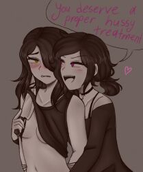 Rule 34 | 2girls, artist request, ashley graves, black choker, black hair, blush, choker, clothes lift, commentary, english commentary, english text, from behind, grey background, greyscale, hair over eyes, heart, highres, holding, holding knife, implied fingering, julia (the coffin of andy and leyley), knife, monochrome, multiple girls, off shoulder shirt, ponytail, purple eyes, sex, sex from behind, shirt lift, simple background, the coffin of andy and leyley, yellow eyes, yuri