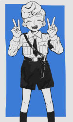 1boy ^_^ armband belt blue_background border breast_pocket buttons child closed_eyes collared_shirt commentary_request dagger diamond_(shape) double_v emblem facing_viewer feet_out_of_frame fingernails garrison_cap german_commentary greyscale_with_colored_background hat highres knife komati_xmbtx male_focus nazi necktie open_mouth original outside_border pocket sam_browne_belt sheath shirt short_hair shorts simple_background socks solo standing uniform v very_short_hair weapon white_border