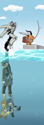 absurdres doppelwarrior_(yu-gi-oh!) duel_monster fishing gameplay_mechanics go_madare grey_armor group_picture hat highres holding_another&#039;s_feet holding_another&#039;s_foot holding_feet junk_synchron orange_hat turbo_warrior underwater yu-gi-oh!