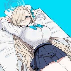 1girl asuna_(blue_archive) asuna_(school_uniform)_(blue_archive) blonde_hair blue_archive blue_bow blue_bowtie blue_eyes blue_halo blue_skirt blush bow bowtie breasts choker commentary hair_over_one_eye hair_ribbon halo hmzeus large_breasts long_hair looking_at_viewer lying on_bed pleated_skirt ribbon shirt skirt sleeves_rolled_up smile solo thighs very_long_hair white_shirt