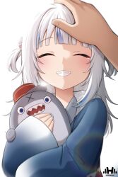 1girl 1other bloop_(gawr_gura) blue_hair blush closed_eyes gawr_gura gawr_gura_(1st_costume) grey_hair hair_between_eyes highres hololive hololive_english hormkrun long_hair multicolored_hair shark_girl sharp_teeth smile solo streaked_hair stuffed_animal stuffed_shark stuffed_toy tears teeth virtual_youtuber white_background white_hair