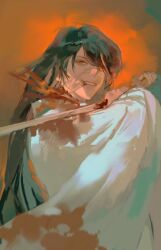 Rule 34 | 1boy, alternate costume, black hair, blade to throat, blood, blood on clothes, blood on face, blood on neck, blood splatter, blood spray, bloody weapon, chinese clothes, chinese commentary, dao gui yi xian, hair down, hair over one eye, hanfu, highres, holding, holding sword, holding weapon, li huowang, long hair, long sleeves, looking at viewer, male focus, one eye covered, red eyes, robe, scar, scar on face, scar on neck, slit throat, solo, suicide, sword, teeth, upper body, very long hair, weapon, white robe, wide sleeves, yi033705