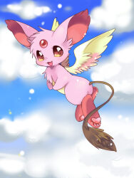 Rule 34 | :3, blue sky, choko (sweetpocket), cloud, cloudy sky, commentary request, creature, creature focus, feathered wings, flying, forehead jewel, full body, highres, light particles, looking up, no humans, open mouth, original, pawpads, pink fur, sky, smile, solo, wings, yellow wings