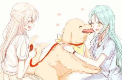 2girls ^_^ bang_dream! blonde_hair blush brown_skirt closed_eyes collared_dress dog dress from_side grey_hair heart hikawa_sayo holding holding_leash leash leon_(bang_dream!) licking licking_another&#039;s_face long_hair looking_at_another multiple_girls one_eye_closed open_mouth pale_color petting raikou104 red_leash shirasagi_chisato shirt short_sleeves sitting sketch skirt smile tail tail_wagging upper_body white_background white_shirt yellow_eyes yellow_skirt