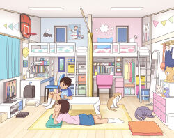 1boy 1girl blue_skirt brother_and_sister brown_hair brown_shorts carpet cat chabudai_(table) chair curtains desk fixed-point_camera indoors kiyo_(kyokyo1220) korilakkuma loaded_interior loft_bed lying mirror on_floor on_stomach ootani_shouhei original pink_shirt poster_(object) rilakkuma san-x shirt short_hair shorts siblings sitting skirt smile stuffed_animal stuffed_toy table teddy_bear television time_lapse watching_television window