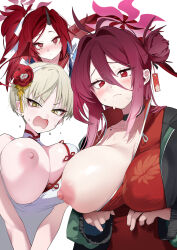 3girls @_@ absurdres arms_under_breasts blue_archive blush breasts brown_hair choker closed_mouth dress flower green_eyes green_jacket hair_between_eyes hair_bun hair_flower hair_ornament halo highres horns jacket large_breasts long_hair looking_at_viewer marina_(blue_archive) marina_(qipao)_(blue_archive) mole mole_under_eye multiple_girls multiple_views nipples one_breast_out open_clothes open_jacket open_mouth raised_eyebrows red_dress red_eyes reijo_(blue_archive) renge_(blue_archive) short_hair simple_background single_horn sweat tail tassel tassel_hair_ornament textless_version upper_body v-shaped_eyebrows v_arms wavy_mouth white_background white_dress yanyo_(ogino_atsuki)
