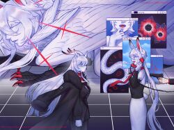1boy 1girl absurdres animal_ears colored_skin expressionless faust_(crrn) feathered_wings highres long_hair looking_at_another original rabbit_boy rabbit_ears red_eyes rei_(crrn) snake vorinel white_hair white_skin wings