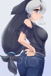 1girl bare_shoulders black_hair black_shirt blue_pants brown_eyes california_sea_lion_(kemono_friends) cowboy_shot denim fins frilled_shirt frills from_behind grey_hair hair_between_eyes hair_tie hand_on_own_hip head_fins highres jeans kemono_friends kemono_friends_3 kkkkkenzen long_hair looking_at_viewer midriff_peek multicolored_hair official_alternate_costume pants seal_girl shirt sidelocks solo two-tone_hair white-framed_eyewear