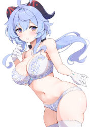 1girl absurdres ahoge bare_shoulders blue_hair blush bow bra breasts cleavage floral_print ganyu_(genshin_impact) genshin_impact gloves highres horns koharutoki02 lace lace_bra lace_panties large_breasts long_hair looking_at_viewer low_ponytail navel open_mouth panties ponytail purple_bra purple_eyes purple_panties sidelocks skindentation smile solo standing thighhighs thighs underwear underwear_only white_background white_gloves white_thighhighs