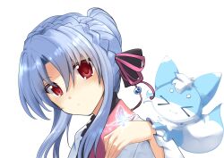 &gt;_&lt; 1girl :/ :3 absurdres animal animal_on_hand black_bow blue_butterfly blush bow braid bug butterfly closed_mouth commentary_request crown_braid eyes_visible_through_hair glowing_butterfly hair_between_eyes hair_bow hair_bun hair_ribbon hand_up hidamarinet highres inari_(summer_pockets) insect japanese_clothes kimono light_frown long_hair looking_at_viewer nose_blush pink_ribbon portrait red_eyes ribbon sidelocks simple_background single_hair_bun solo sorakado_ao summer_pockets white_background white_kimono wide_sleeves