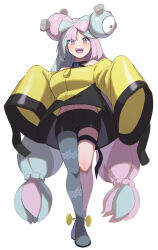 1girl asymmetrical_legwear bare_shoulders bike_shorts black_choker black_jacket black_shorts blue_hair blush boots bow-shaped_hair breasts cameltoe character_hair_ornament choker double_bun ebi_193 fake_hair_bun full_body grey_boots grey_pantyhose hair_bun hair_ornament highres iono_(pokemon) jacket large_breasts long_hair long_sleeves looking_at_viewer multicolored_eyes multicolored_hair multicolored_jacket navel_peek nintendo open_mouth pantyhose pink_eyes pink_hair pokemon pokemon_sv sharp_teeth shorts simple_background single_leg_pantyhose sleeves_past_fingers sleeves_past_wrists smile solo split-color_hair teeth thigh_strap thighs two-tone_eyes two-tone_hair two-tone_jacket upper_teeth_only very_long_sleeves white_background wide_sleeves yellow_jacket
