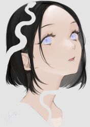 1girl black_hair blue_eyes bob_cut head_tilt makeup mascara medium_hair open_mouth original portrait silhouette simple_background snake solo superimposition white_background yoimon