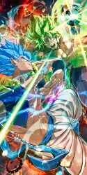 Rule 34 | 2boys, absurdres, angry, black pants, blank eyes, blue eyes, blue hair, broly (dragon ball super), commentary request, dragon ball, dragon ball super, dragon ball super broly, gogeta, grin, highres, legendary super saiyan, looking at another, male focus, metamoran vest, multiple boys, muscular, muscular male, open mouth, ossan zabi 190, pants, smile, spiked hair, super saiyan, super saiyan blue, sweat, teeth, very sweaty, white pants