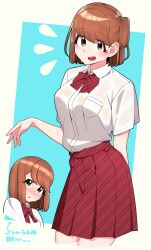 1girl absurdres ase_shibuki blush brown_hair collared_shirt commentary_request cropped_legs highres itan_private_high_school_uniform komi-san_wa_komyushou_desu lecca_aisu multiple_views school_uniform shirt shirt_tucked_in short_hair short_sleeves side_ponytail skirt sweat wet wet_clothes white_background white_shirt