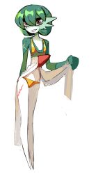 Rule 34 | absurdres, bikini, bob cut, calmnivore, clothes lift, colored skin, dress, gardevoir, gen 3 pokemon, gold bikini, green hair, green skin, hair between eyes, highres, multicolored skin, nintendo, pokemon, red eyes, scar, scar on arm, scar on leg, skirt, skirt lift, smirk, swimsuit, two-tone skin, white dress, white skin