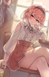 1girl absurdres black_hairband blush closed_mouth clothing_cutout collared_shirt commentary crossed_legs cup flower frilled_sleeves frills hair_flower hair_ornament hairband high-waist_skirt highres holding holding_cup hololive hololive_english indoors lace lace-trimmed_skirt lace_trim looking_at_viewer miniskirt mori_calliope mori_calliope_(kawaiiope) neck_ribbon official_alternate_costume official_alternate_hairstyle pink_eyes pink_hair pink_skirt puffy_sleeves ribbon shirt shirt_tucked_in short_hair shoulder_cutout sitting skirt smile solo virtual_youtuber white_shirt wind_chime yeuyes