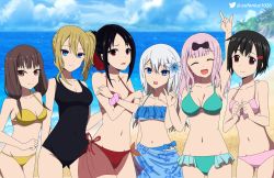 beach bikini black_hair blonde_hair blue_eyes blue_sky blush brown_eyes brown_hair eufoniuz fujiwara_chika glaring grey_hair hair_ornament hayasaka_ai highres iino_miko kaguya-sama_wa_kokurasetai_~tensai-tachi_no_renai_zunousen~ kashiwagi_nagisa multiple_girls ocean pink_hair red_eyes shinomiya_kaguya shirogane_kei short_hair sky swimsuit watermark