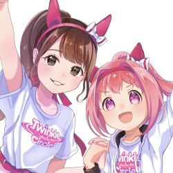 Rule 34 | 2girls, :d, animal ears, blush, breasts, brown eyes, brown hair, character request, collarbone, commentary request, ear covers, flower-shaped pupils, haru urara (umamusume), headband, highres, holding hands, horse ears, horse girl, jacket, long hair, long sleeves, looking at viewer, moko39 takasora, multiple girls, open clothes, open jacket, open mouth, outstretched arms, parted lips, pink eyes, pink hair, pink headband, print shirt, shirt, short sleeves, simple background, small breasts, smile, symbol-shaped pupils, umamusume, upper body, white background, white shirt