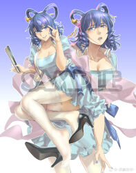 Rule 34 | 1girl, absurdres, blue dress, blue eyes, blue hair, blue nails, breasts, cleavage, dress, frilled dress, frills, gradient background, hagoromo, hair ornament, hair rings, hair stick, hand fan, high heels, highres, holding, holding fan, kaku seiga, looking at viewer, ruukii drift, sample watermark, shawl, smile, solo, thighhighs, touhou, watermark, white thighhighs